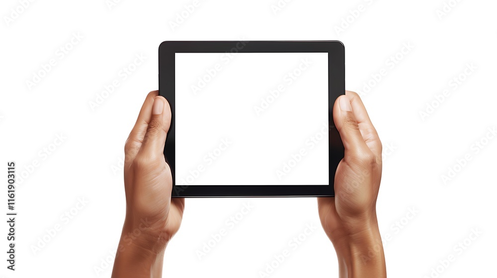 Close up of hands holding tablet pc with blank screen Close up of hands holding tablet pc with blank screen