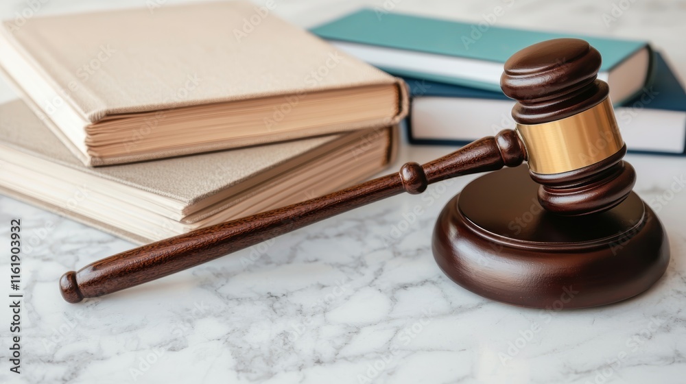 Justice, A wooden gavel rests on marble, near legal books, symbolizing law and order Justice, A wooden gavel rests on marble, near legal books, symbolizing law and order