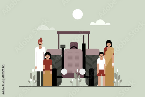Illustration of an Indian farmer and his family standing in front of a tractor