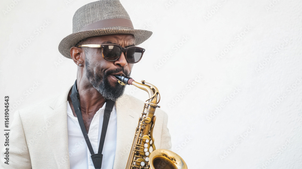 Fototapeta premium A man playing a saxophone in a performance with a jazz 