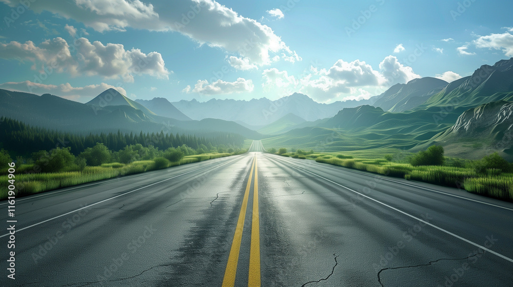 Naklejka premium Open Road in Stunning Mountain Landscape with Blue Skies and Sunlit Clouds - Perfect for Travel and Adventure Themes in Photographs