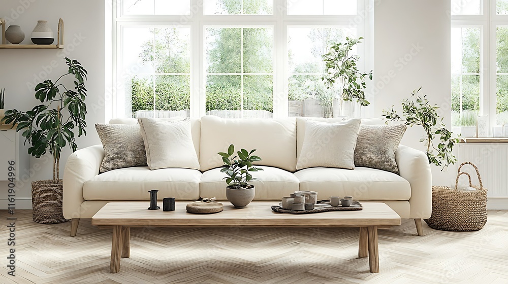 Fototapeta premium Bright living room with beige sofa, wooden coffee table, plants, and large windows. (2)