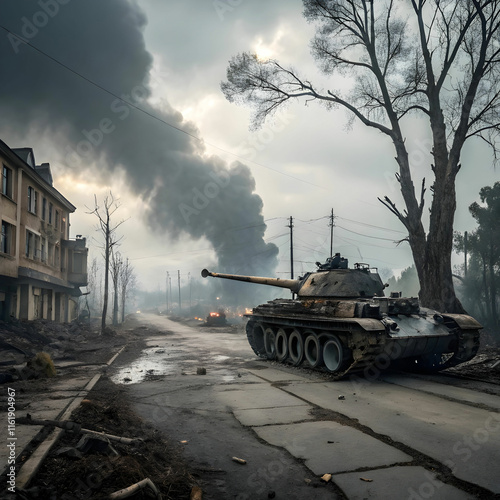 war zone with tank