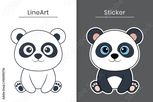 Cute cartoon baby panda vector outline and sticker flat illustration