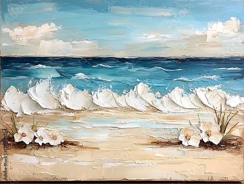 Seascape Painting with Textured Waves and Flowers
