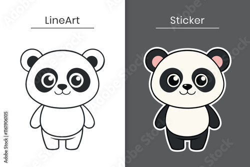 Cute cartoon baby panda vector outline and sticker flat illustration photo