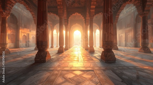 Sunlit interior of ancient sandstone hall with arched colonnades and marble floor.
