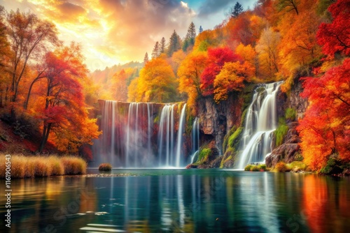 Autumn's vibrant hues cascade into a serene lake, a breathtaking double exposure.