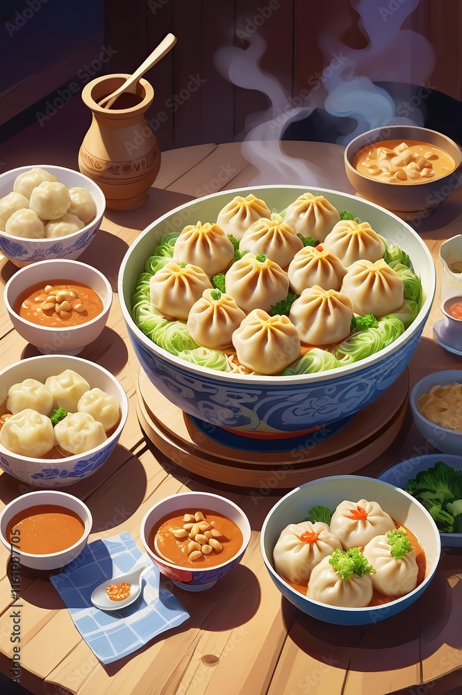 A hot bowl of siomay with steamed fish dumplings, cabbage, potatoes, and peanut sauce, set on a wooden table. A hot bowl of siomay with steamed fish dumplings, cabbage, potatoes, and peanut sauce, set on a wooden table.
