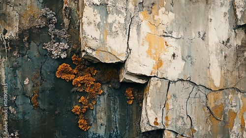 Weathered rock surface with vibrant lichen and peeling paint textures. photo