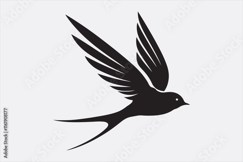 A black silhouette of a flying swallow.