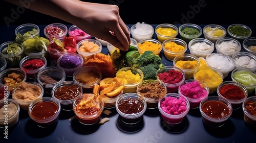 Fototapeta Naklejka Na Ścianę i Meble -  Colorful array of processed food samples artfully arranged on a minimalist studio surface for product inspection presentation or advertising purposes