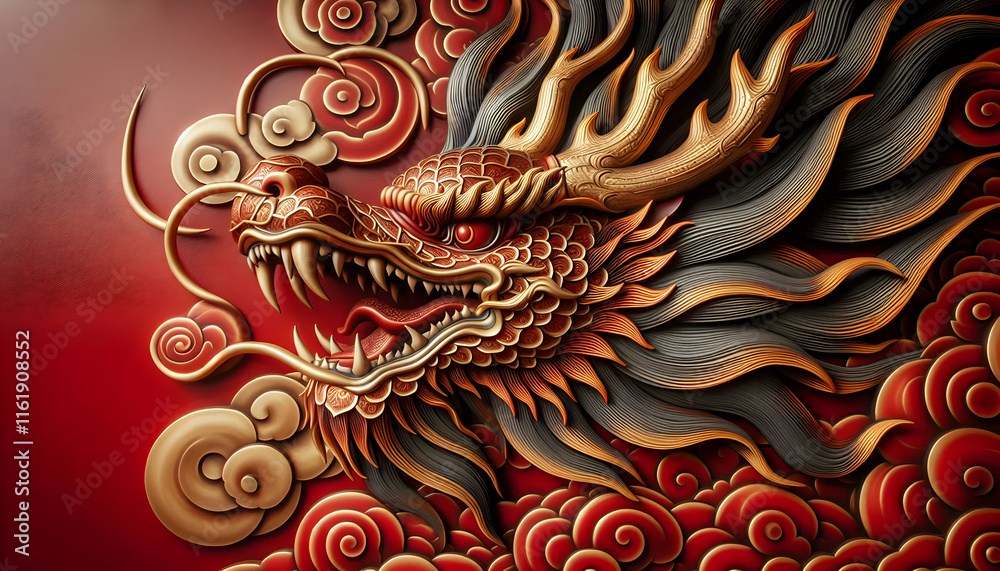 Chinese new year A close-up of the dragon's head on a red background, focusing on its sharp teeth, flowing mane, and 3 Chinese new year A close-up of the dragon's head on a red background, focusing on its sharp teeth, flowing mane, and 3