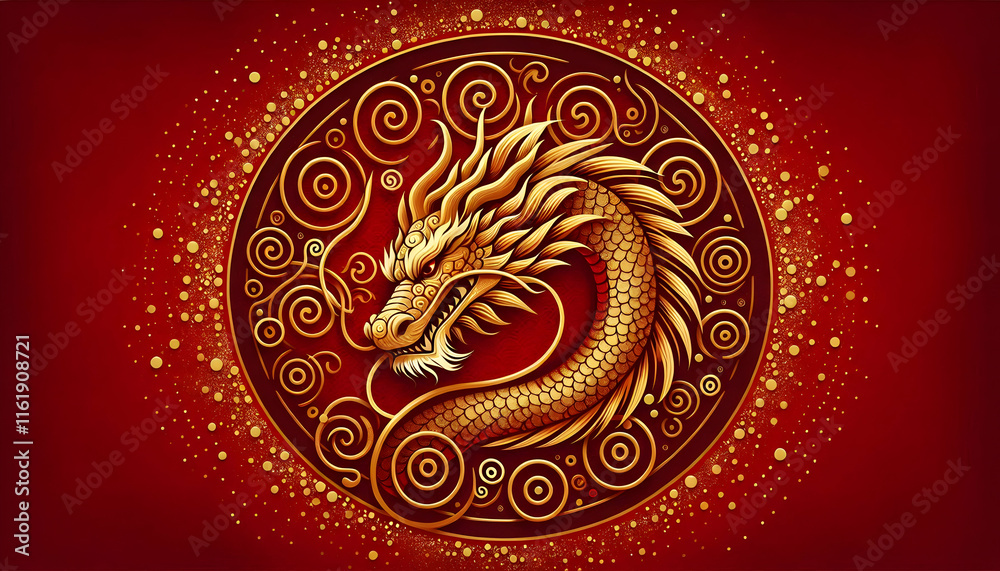A centered view of the dragon’s fierce head, with its body winding across the upper part of the red A centered view of the dragon’s fierce head, with its body winding across the upper part of the red