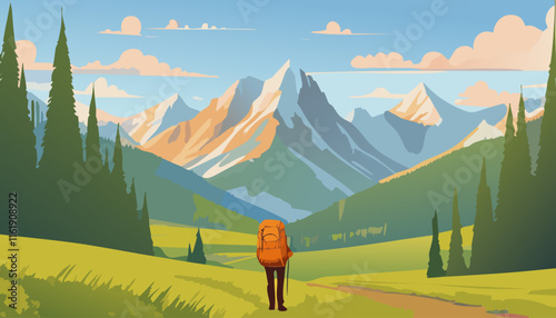 Hiker with a backpack on the meadow. Vector illustration.