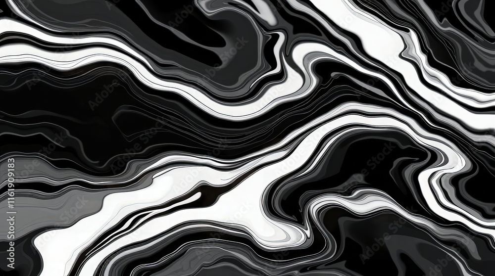 Obraz premium Classic black and white modern flat design marbling artwork featuring negative space and simple two dimensional shapes,