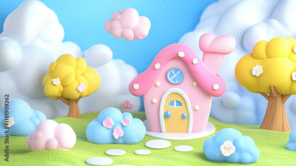 Obraz premium Cute pink house with clay like appearance surrounded by fluffy clouds and colorful trees in whimsical landscape. scene evokes playful and dreamy atmosphere