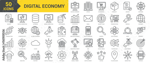 Digital Economy icon collection set. Containing product, invoice, network, big data, transaction, growth, budget, digital marketing, database, digital banking, payment icon. Simple line vector
