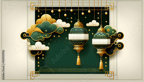 Chinese new year A frontal view of a decorative scene with three green and gold lanterns hanging against a dark green2 photo