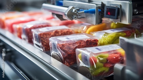 Close up view of frozen food items moving along a conveyor belt and passing through a high speed sealing machine in a commercial food processing facility or factory