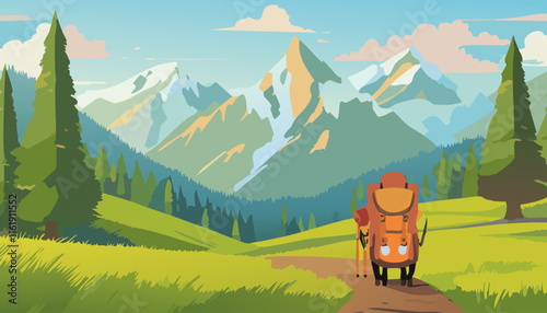 Hiking in the mountains with a backpack and tent. Vector illustration