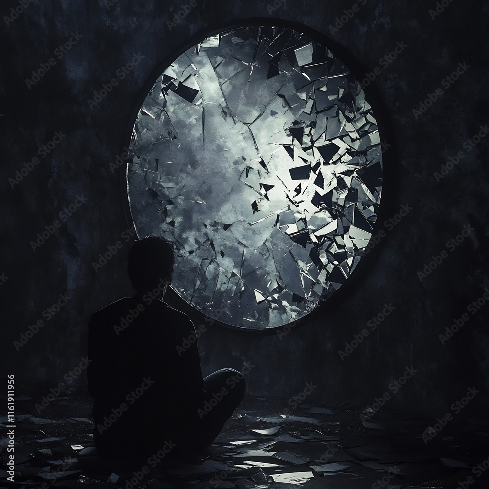 Silhouetted Figure in Surreal Landscape Reflecting in Moody Waters of Mystery and Solitude Silhouetted Figure in Surreal Landscape Reflecting in Moody Waters of Mystery and Solitude