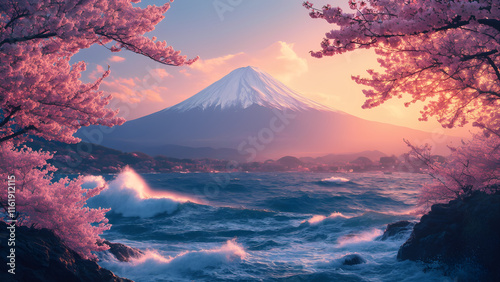 富士山と桜の木と荒海の風景