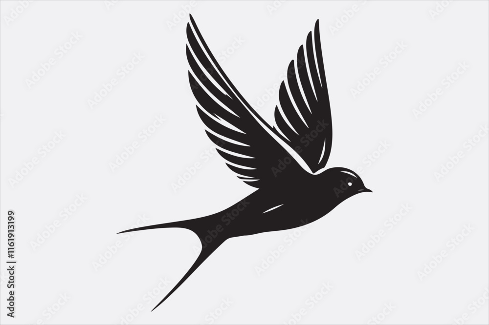 A black silhouette of a flying swallow. A black silhouette of a flying swallow.