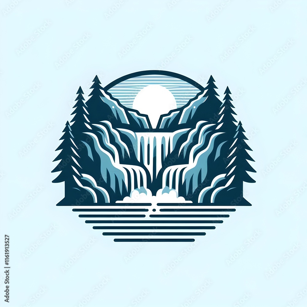 Obraz premium Minimalist Waterfall Landscape with Forest and Moon Logo Design,