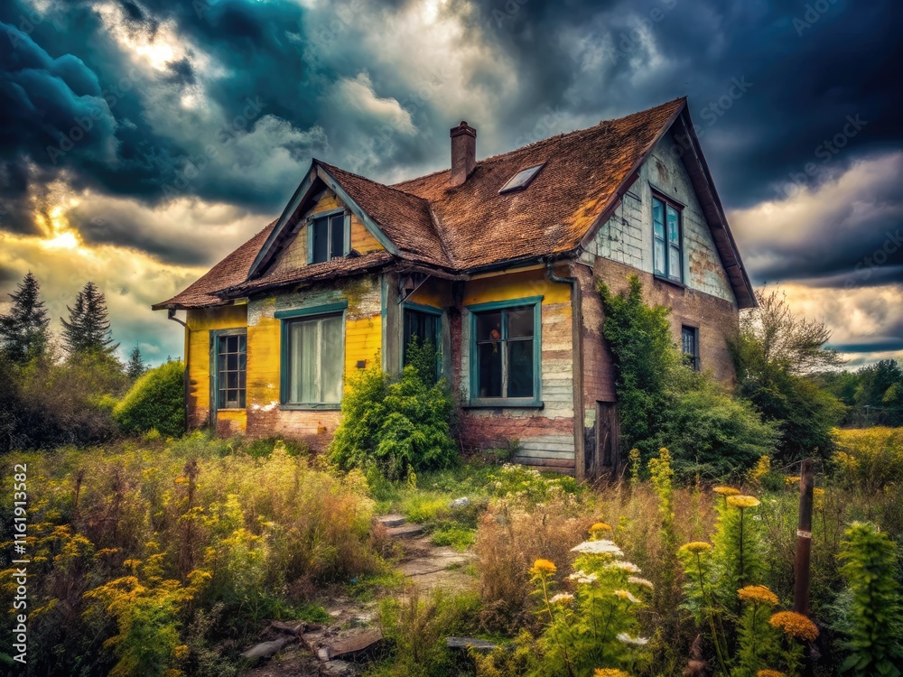 Fototapeta premium Decaying single-story house: urban exploration reveals a derelict, ruined structure.