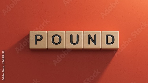 wooden cube block with POUND business word.close up of wooden elements,Business Concept.3D rendering on red background. photo