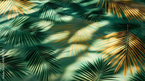 A tropical floor design featuring bold palm leaf patterns in vibrant green and gold