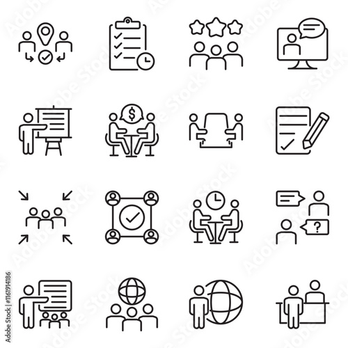 Meeting set of web icons in line style. Live webinar icons for web and mobile app. Containing conference, business meeting, classroom, team, interview, conference, work, discussion 