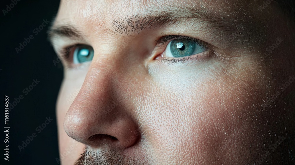 Naklejka premium Close-up portrait of a man with striking blue eyes studio setting emotional expression intimate environment eye-level view