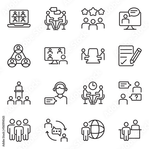 Meeting set of web icons in line style. Live webinar icons for web and mobile app. Containing conference, business meeting, classroom, team, interview, conference, work, discussion and more