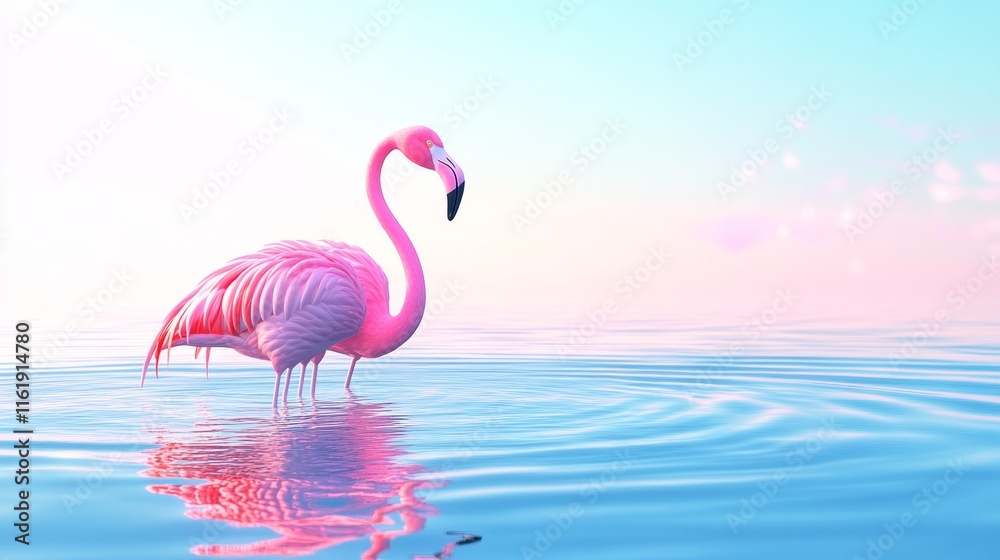 Naklejka premium A pink flamingo is standing in the water