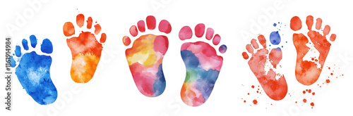 Mother day element, Colorful baby footprints in watercolor style, perfect for nursery decor, isolated on transparent background.