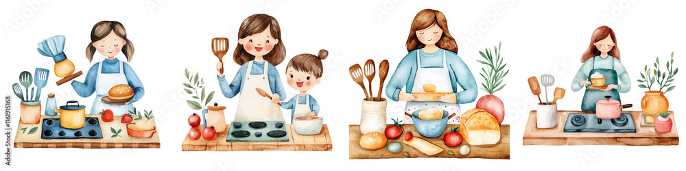 Mother day element, Cozy kitchen scene with mom baking and preparing delicious meals, isolated on transparent background. Mother day element, Cozy kitchen scene with mom baking and preparing delicious meals, isolated on transparent background.