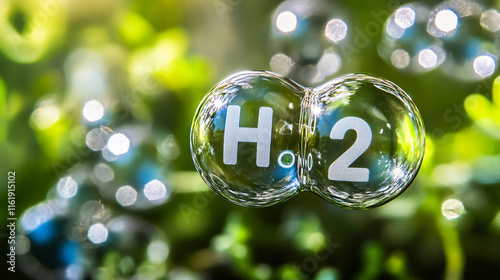 A close-up of a hydrogen molecule depicted within bubbles, surrounded by a vibrant green background, highlighting the essence of water and its molecular structure.