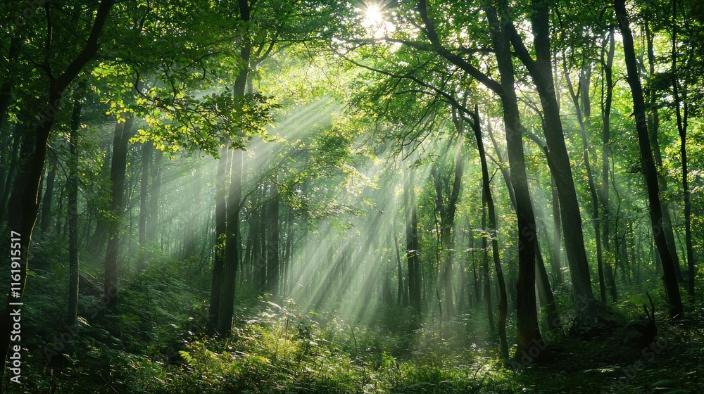 Naklejka premium A dense forest with sunlight streaming through the trees, creating a magical and awe-inspiring natural wonder.