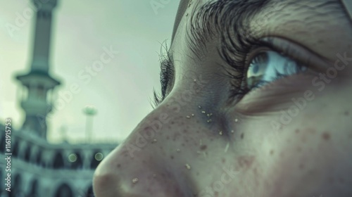 Close-Up of Devoted Pilgrim's Eye Reflecting Spirituality and Faith in Holy Setting
