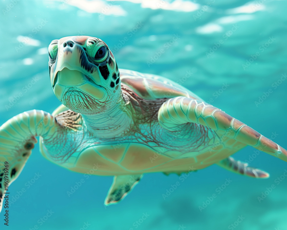 Fototapeta premium Detailed Illustration of Sea Turtle in Crystal Clear Ocean Waters, Perfect for Marine Conservation Themes and Educational Use
