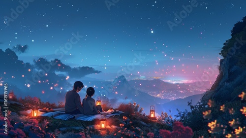 Wallpaper Mural Against a backdrop of distant city lights, a couple enjoys a quiet moment on a hillside, capturing the essence of love and shared experiences under a starlit, open sky. Torontodigital.ca