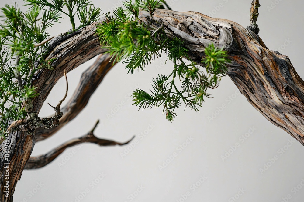 Fototapeta premium Elegant yew tree branches curve beautifully, featuring delicate green needles set against a minimalist backdrop that emphasizes the textured bark and intricate leaf formations.