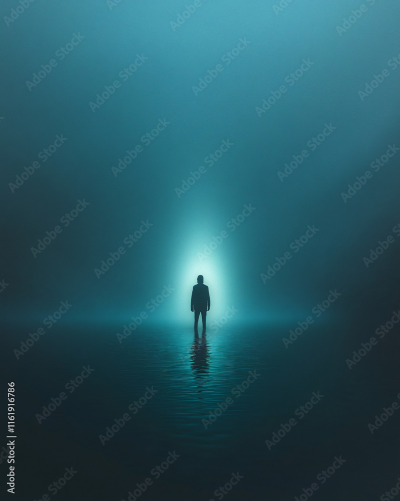 A solitary figure in a mystical, fog-covered landscape, perfect for mental health campaigns, introspective themes, or events requiring a serene atmosphere. A solitary figure in a mystical, fog-covered landscape, perfect for mental health campaigns, introspective themes, or events requiring a serene atmosphere.