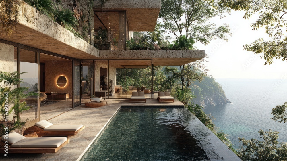 Fototapeta premium Cliffside luxury villa with infinity pool overlooking ocean.
