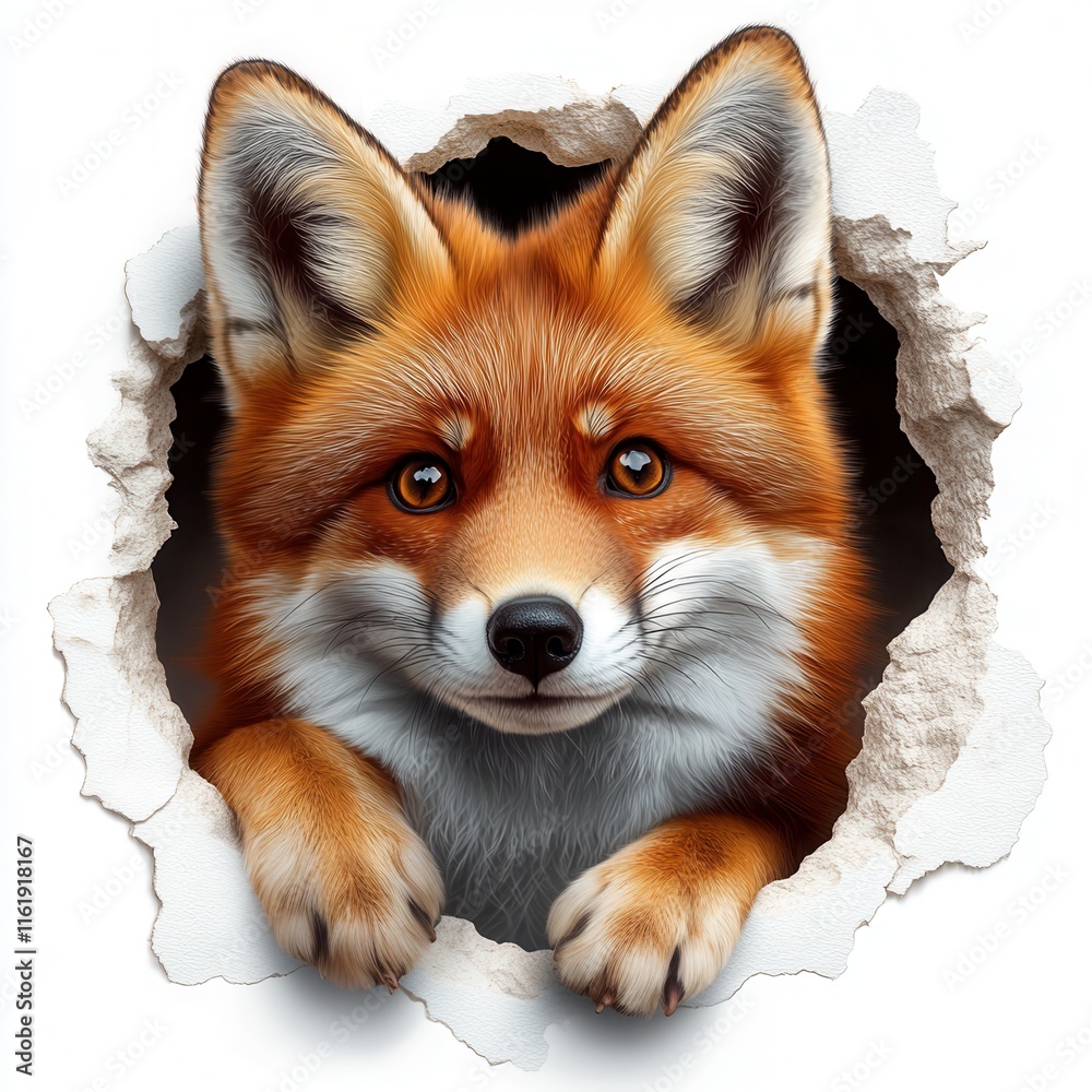 Fototapeta premium A photorealistic red fox looking through a round hole in the wall, with an expressive face and bright eyes