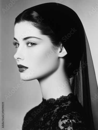 Editorial fashion shoot of a woman in a black lace dress and a modern black mantilla 