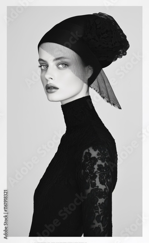 Editorial fashion shoot of a woman in a black lace dress and a modern black mantilla 