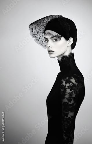 Editorial fashion shoot of a woman in a black lace dress and a modern black mantilla 